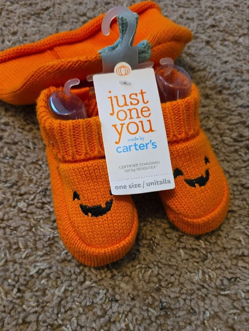 Carter's Bright Orange Knit Baby Booties with Jack-O'-Lantern Face
